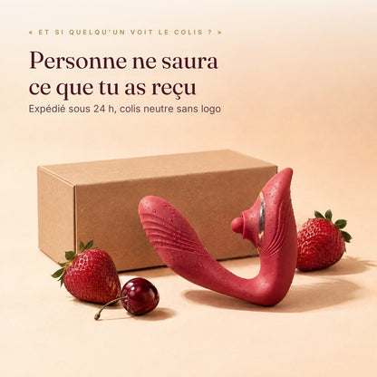 LILA Pulse V2 rouge devant un colis kraft neutre : expédié sous 24 h, sans logo ni mention