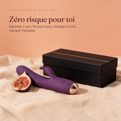 LILA Wave violet devant un coffret noir : garantie 2 ans, 30 jours pour changer d'avis, marque française