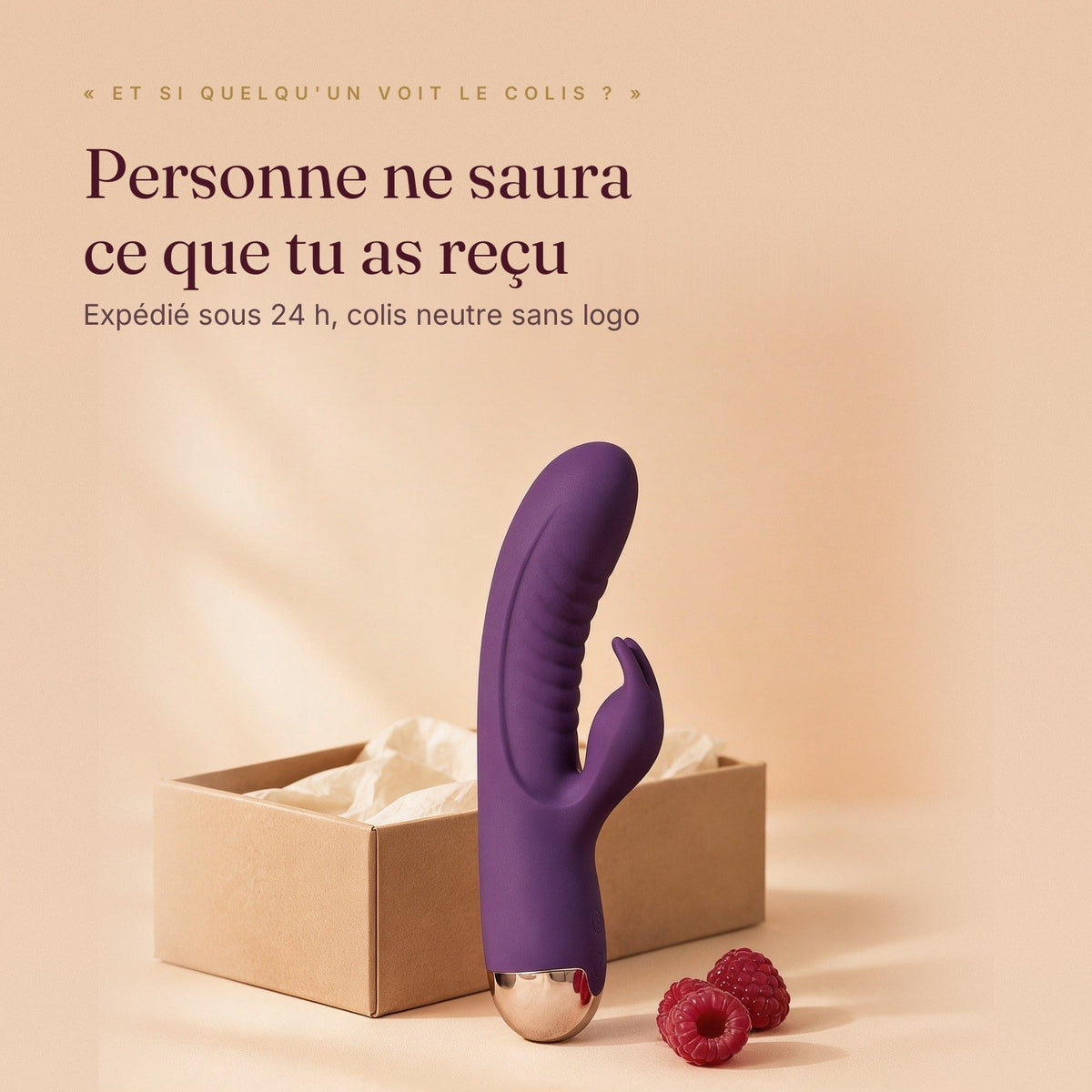 LILA Wave violet devant un colis kraft neutre : expédié sous 24 h, sans logo