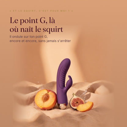 LILA Wave violet à côté d'une pêche et d'une figue : il ondule sur le point G, là où naît le squirt