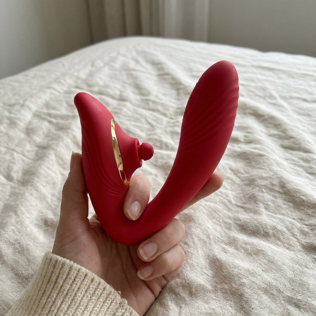 Le LILA Pulse V2 rouge tenu en main, la tête massante bien visible