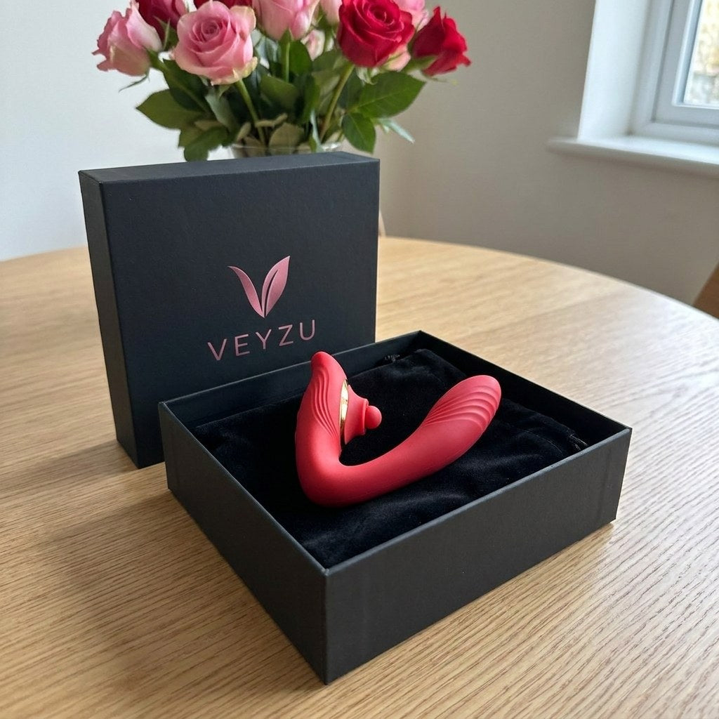 Le LILA Pulse V2 rouge dans son coffret noir Veyzu, sur sa pochette en velours