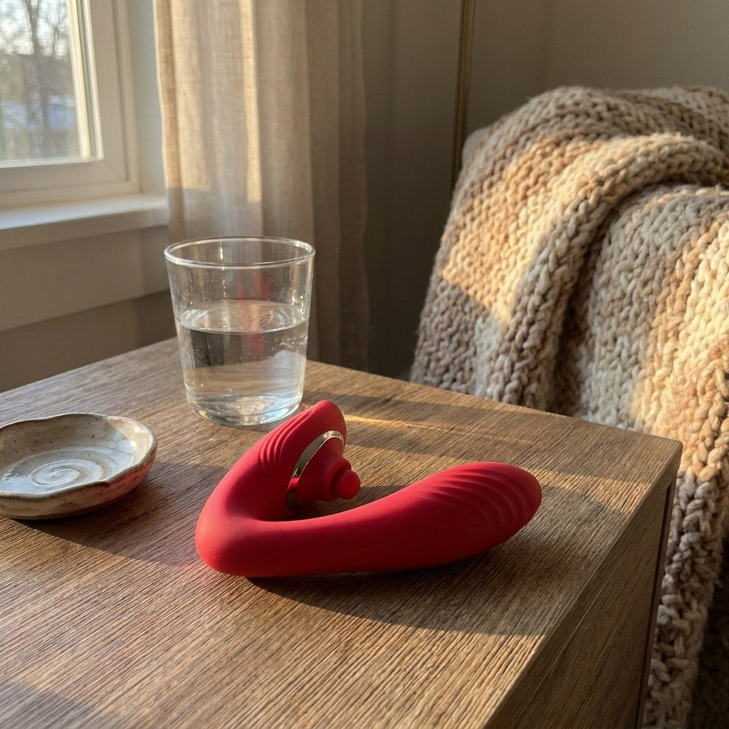 Le LILA Pulse V2 rouge posé sur une table de nuit
