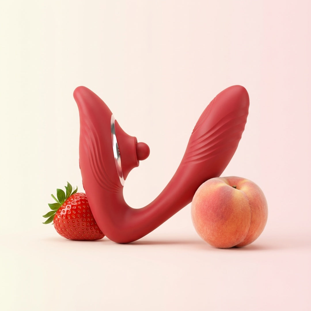 LILA Pulse V2 rouge posé entre une fraise et une pêche